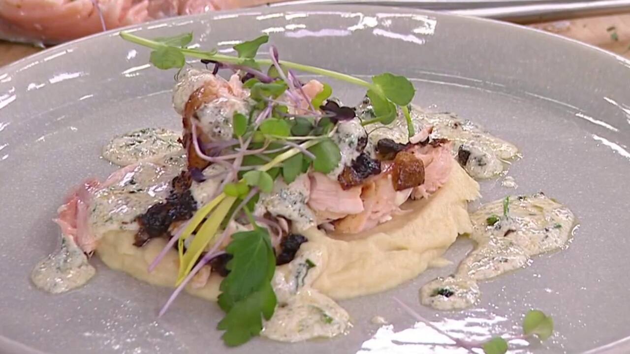 Saumon confit à huile de câpres et aux zestes, sauce tiède au yogourt