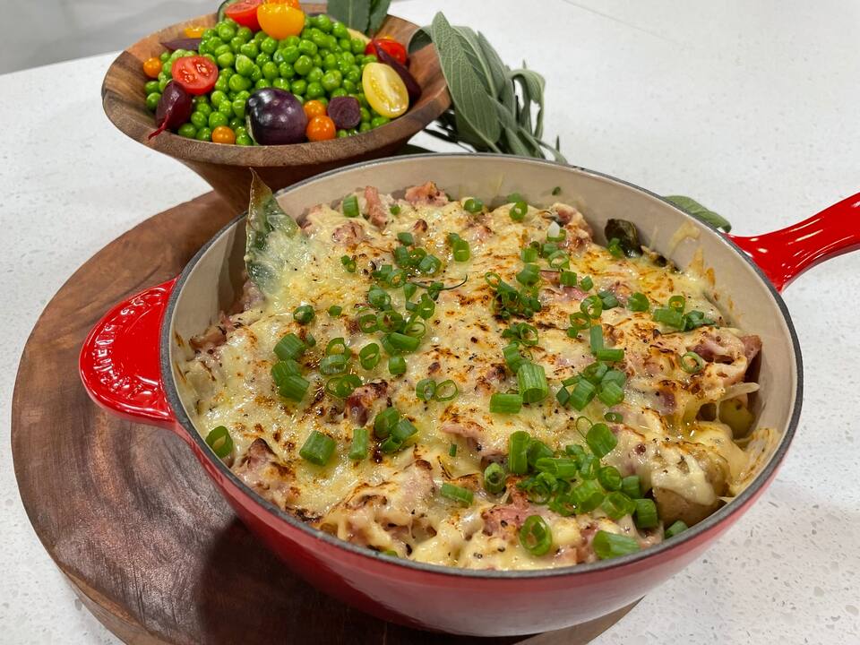 Gratin de grelots jaunes Little Potato, jambon et cheddar d’ici 