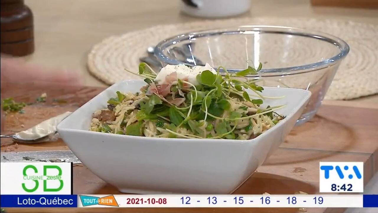 Orzo aux lardons et aux petits pois