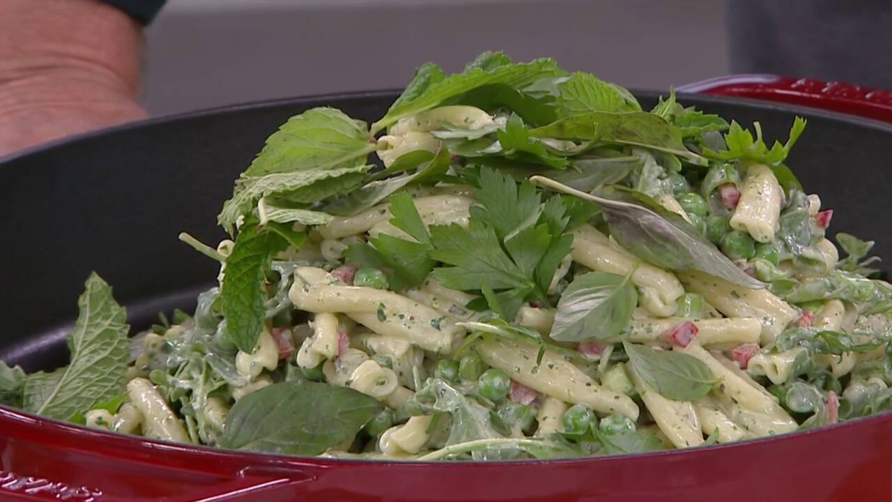 Salade de pâtes courtes, de petit pois et de roquette, crème aux fines herbes 